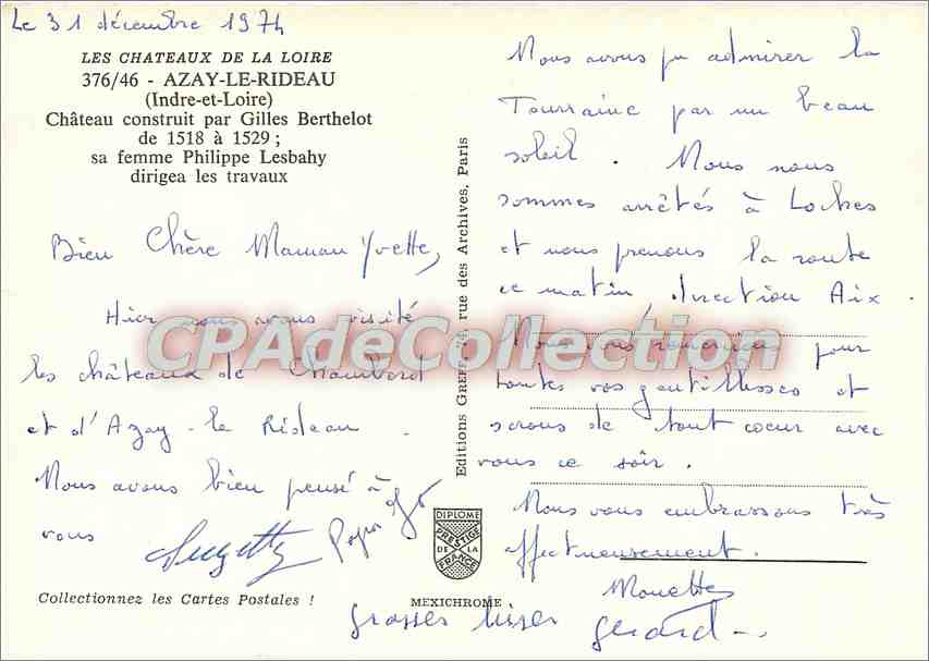 CPSM Les Chateaux de la Loire Azay le Rideau (Indre et Loire) Chateau construit par Gilles Berthelot — Rückseite