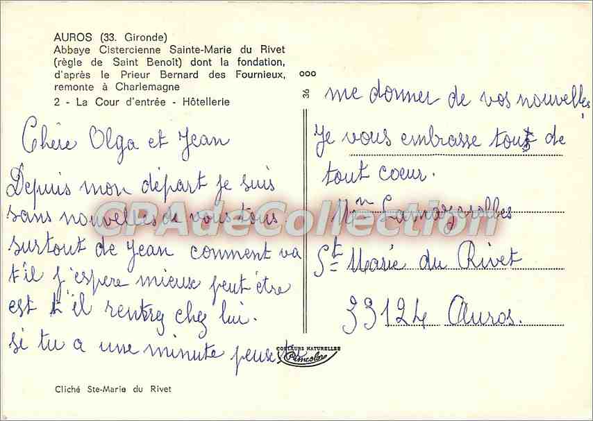 CPSM Auros (Gironde) Abbaye Cistrcienne Sainte Marie du Rivet — Back