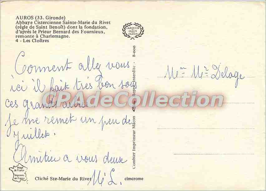 Abbaye Cistercienne Sainte-Marie du Rivet — Gironde — Imprimeur Combier — Verso
