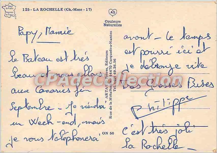 La Rochelle — Tour de la Rochelle et vue aérienne — ARTAFD Frères, Éditeurs — Verso