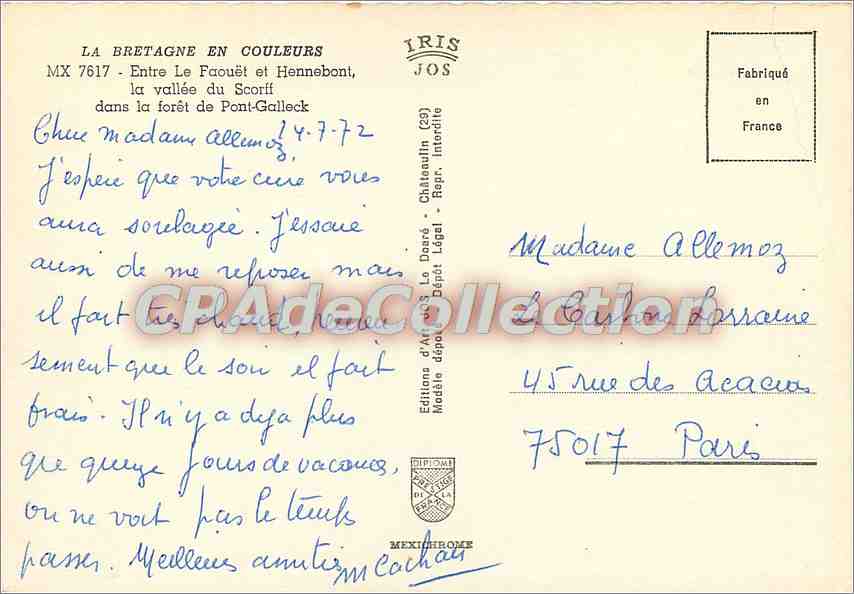 Halbmoderne Ansichtskarte Farbige Ansichten der Bretagne zwischen der Faouet und Hennebont, das Tal des Scorff im Wald von Pont — Rückseite