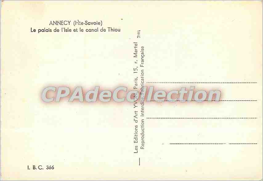 Annecy (Haute-Savoie) — Le palais de l'Isle et le canal de Thiou — Éditions d'Art Yvon, Paris — Verso