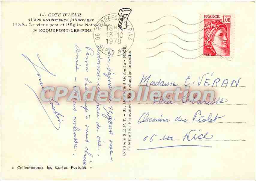 CPSM La Cote d'Azur et son arriere pays pittoresque le vieux pont et l'eglise N D de Roquefort les P — Rückseite