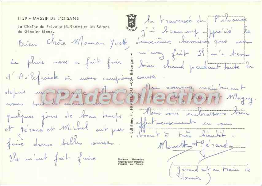 Massif de l'Oisans — Chaîne du Pelvoux (3.946m) et les Séracs du Glacier Blanc — Éditions F. BRIGNON — Verso