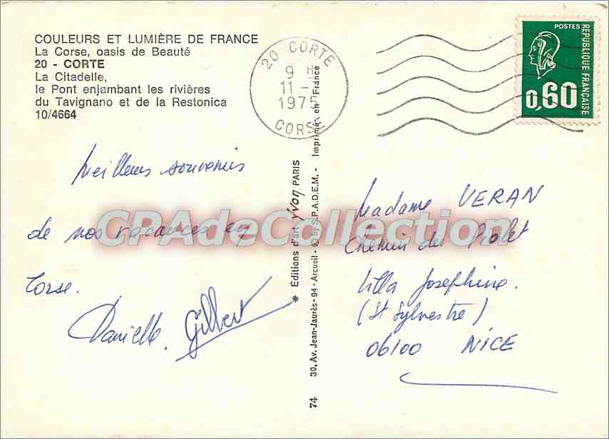 Corte — La Citadelle, le Pont enjambant les rivières du Tavignano et de la Restonica — Éditions d'Art Yvon, 10/4664 — Verso