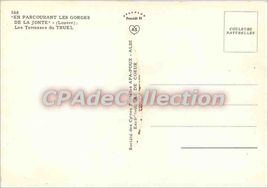 Gorges de la Jonte - Les Terrasses — Société des Cartes Postales ABA-POUX de Coeur, n° 588 — Reverso