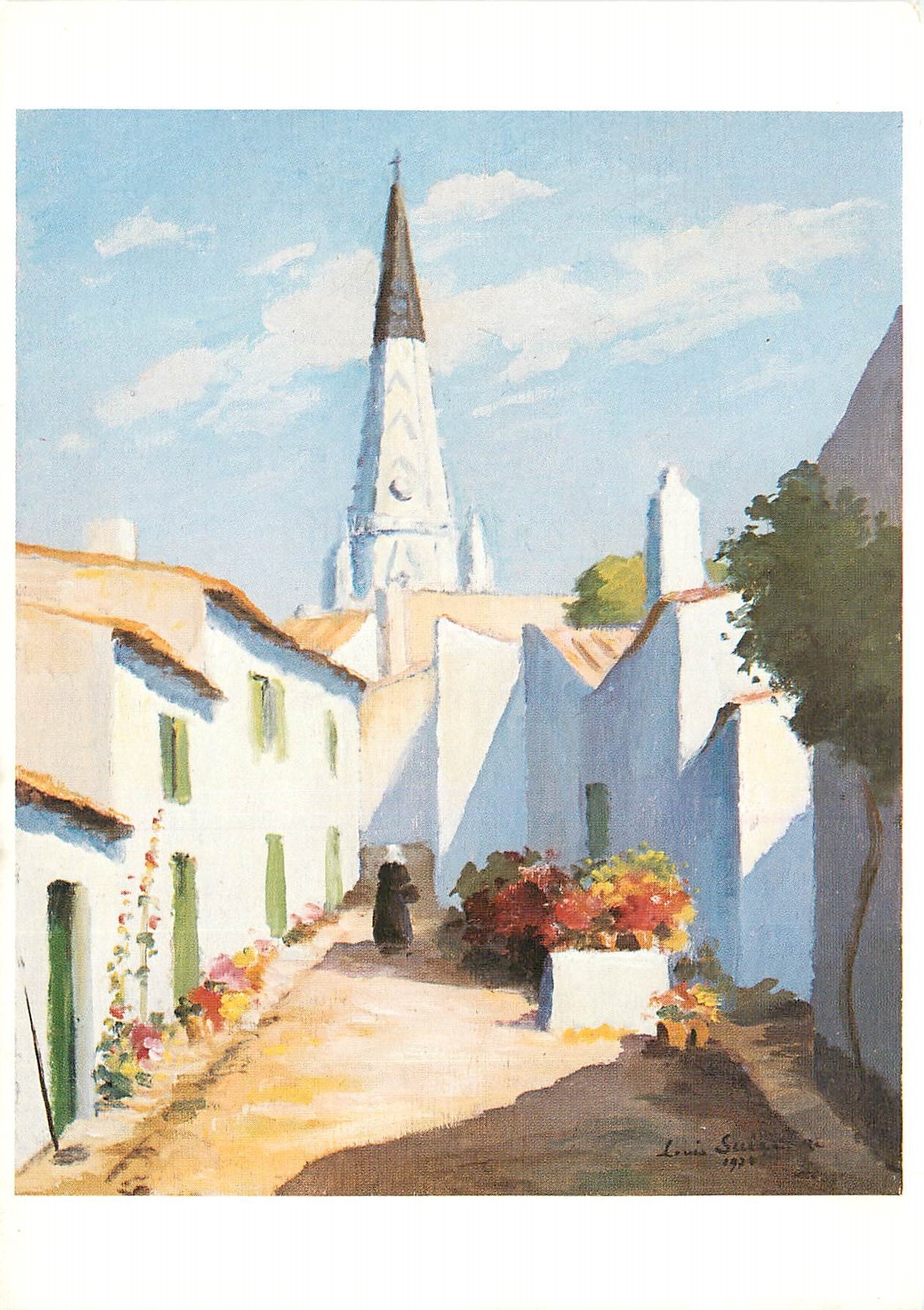 Ruelle fleurie et clocher noir et blanc — Peinture de Louis Suire — Éditions de la Rocelle, n°3