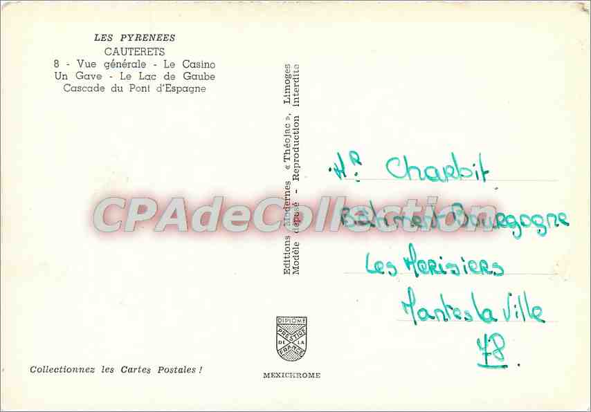 Cauterets — Vue générale, Le Casino, Le Gave, Le Lac de Gaube, Cascade du Pont d’Espagne — Éditions Mexichrome — Verso