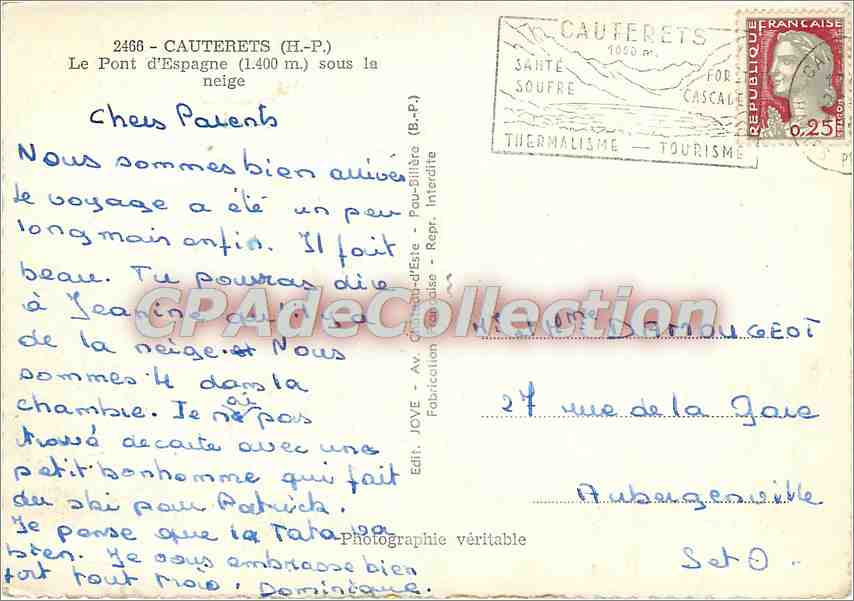 Pont d'Espagne (1400 m) — Cauterets (H-P) — Jove — Verso