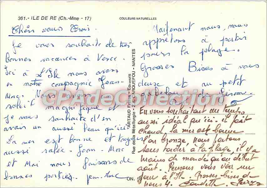 Île de Ré — Vue aérienne, phare des Baleines, anes en culotte, anse de Trousse-Chemise — Éditeur : Artaud Métallurgie, Nantes — Verso