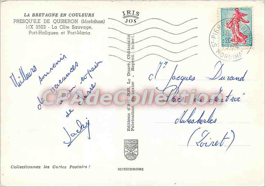CPSM La Bretagne en couleurs Presqu'ile de Quibero (Morbihan) La cote Sauvage Port Haliguen et Port — Verso