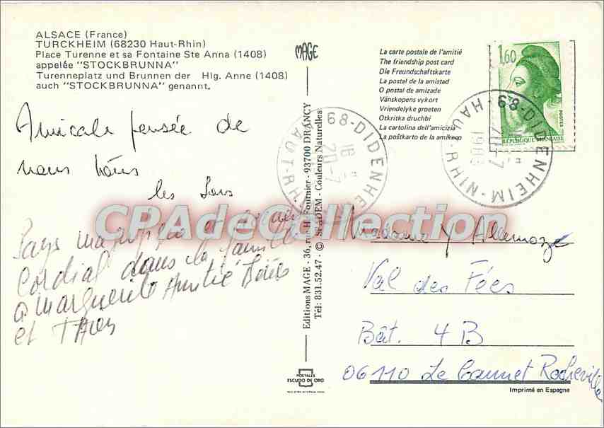 CPSM Alsace (France) Turckheim (Haut Rhin) Place Turenne et sa Fontaine Ste Anna (1408 m) — Rückseite