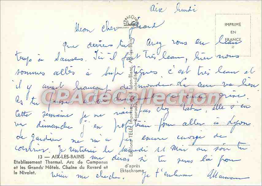 CPSM Aix les bains (Savoie) Etablissement Thermal arc de Campanus et les Grands Hotel Chaine du Reva — Rückseite