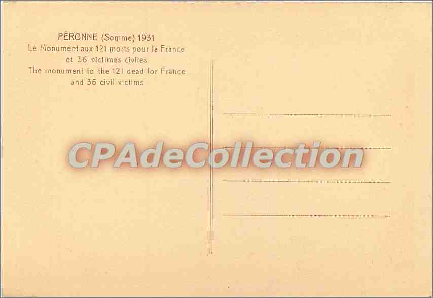 CPSM Peronne (Somme) 1931 le Monument aux 121 morts pour la France et 36 victimes civiles — Back