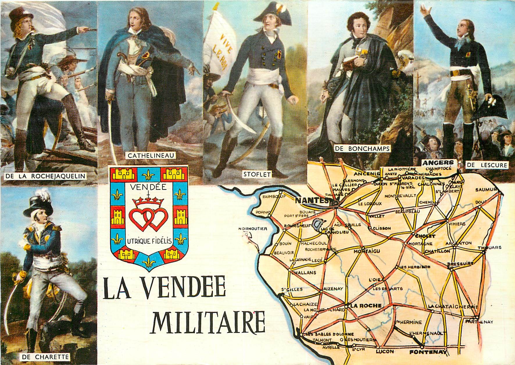 Die Vendée-Militär — Illustrierte Karte mit Porträts von Vendée-Führern und Karte der Region — Verlag Artaud de la Métalure in Antes-Carqueffou