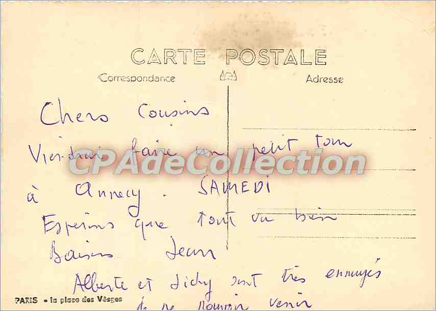 Paris — la place des Vosges — CPAdeCollection — Verso