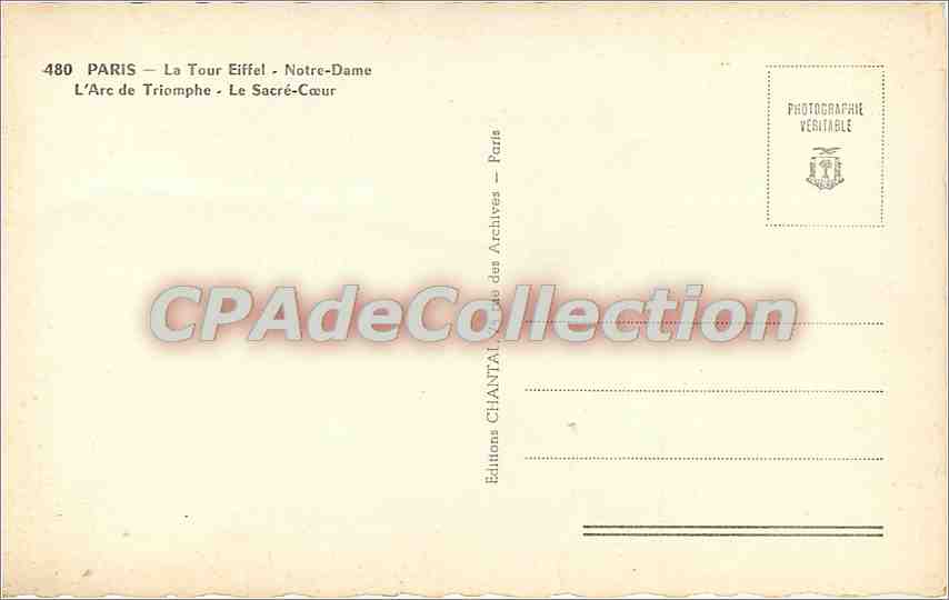 Paris — Tour Eiffel, Notre-Dame, Arc de Triomphe, Sacré-Cœur — Éditions Chantal — Verso