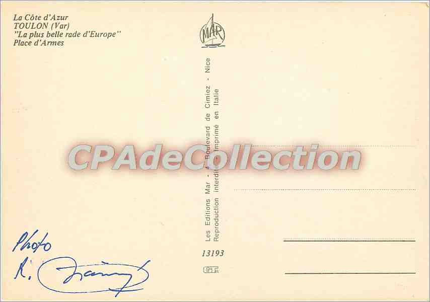Place d'Armes — Nice — Éditeur : Les Éditions Mar, n° 13193 — Verso