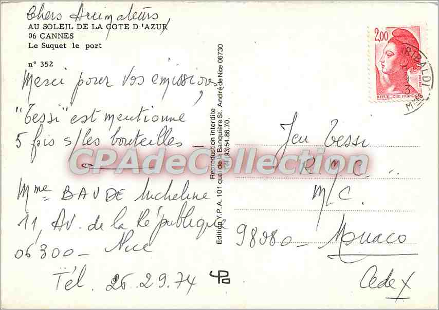 Cannes — Le Suquet le port — Édition X.P.A. n° 352 — Rückseite