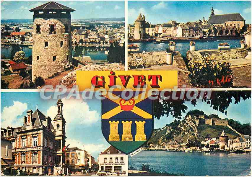 Givet (Ardennes) — vue panoramique avec tour Grégoire, fort Charlemont, Hôtel de Ville et blason — Éditions HENGEN-SOPARA
