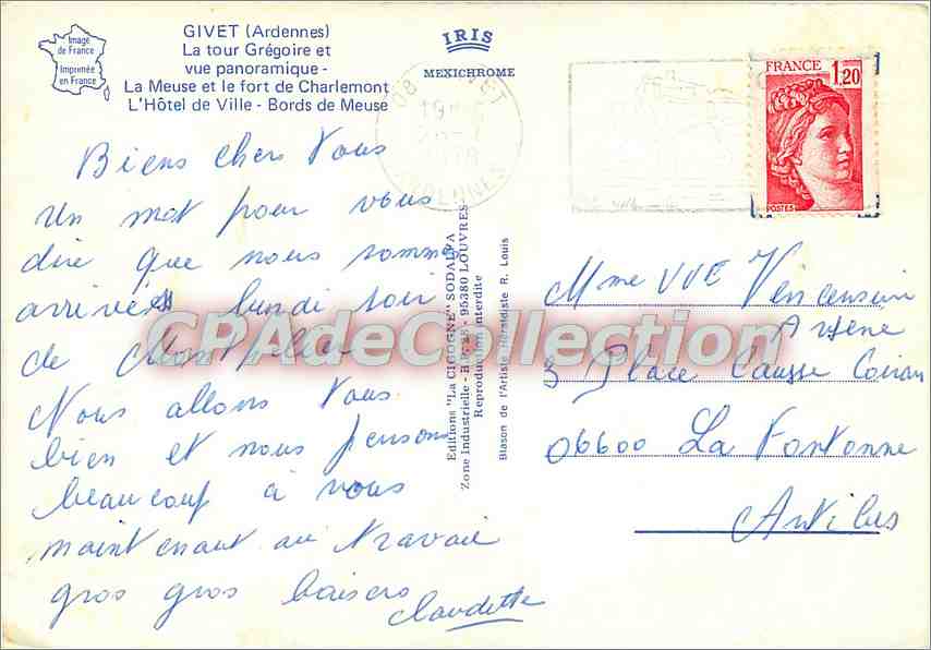 Givet (Ardennes) — vue panoramique avec tour Grégoire, fort Charlemont, Hôtel de Ville et blason — Éditions HENGEN-SOPARA — Verso