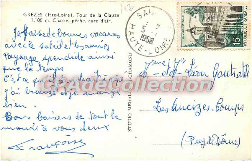CPSM Grezes (Hte Loire) Tour de la Clauze 1100 m Chasse peche cur d'air — Verso