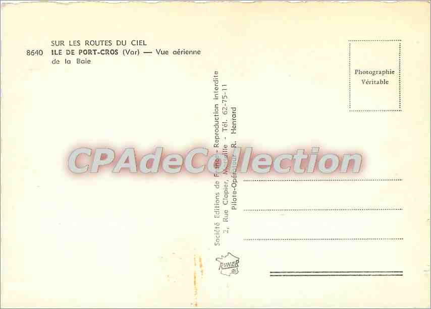 Ile de Port-Cros — Vue aérienne de la Baie — Société des Routes du Ciel, n° 8640 — Verso