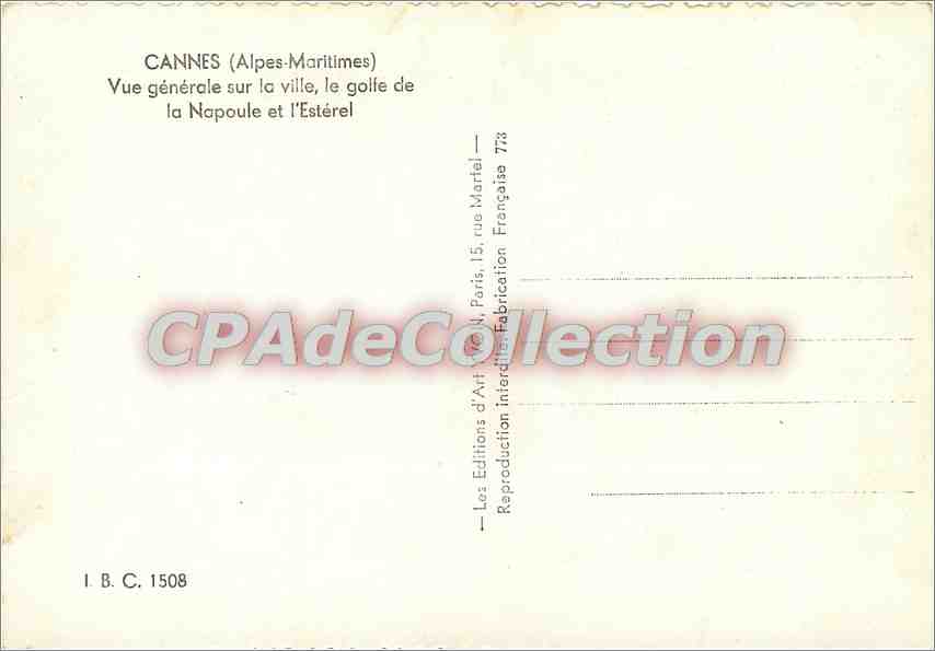 Cannes (Alpes-Maritimes) — Vue générale sur la ville, le golfe de la Napoule et l'Estérel — Les Éditions d'Art Martel, Paris — Achterkant