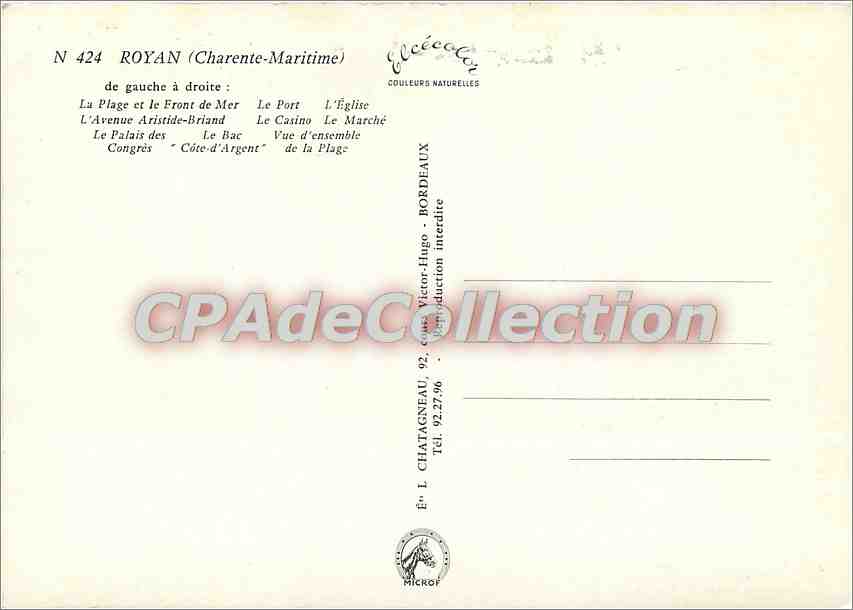 Royan (Charente-Maritime) — vue panoramique — Éditeur L. Chatagneau, N° 424 — Verso