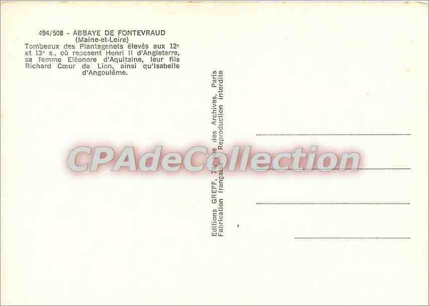 CPSM Abbaye de Fontevraud (Maine et Loire) Tombeaux des Plantagenents eleves aux 12e et 13e s — Verso