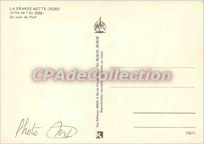 La Grande Motte — Ville de l'An 2000 — Un coin du Port — éd. MAR, n° 13871 — Reverso