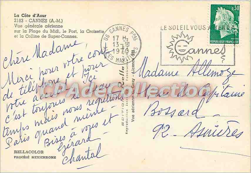 CPSM Cannes (A M) Vue generale aerienne sur la plage du Midi le Port la Croisette et la Colline de S — Verso
