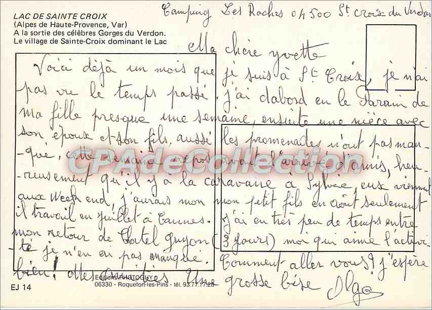 Lac de Sainte-Croix — Vue du village de Sainte-Croix — Éditeur EJ 14 — Verso