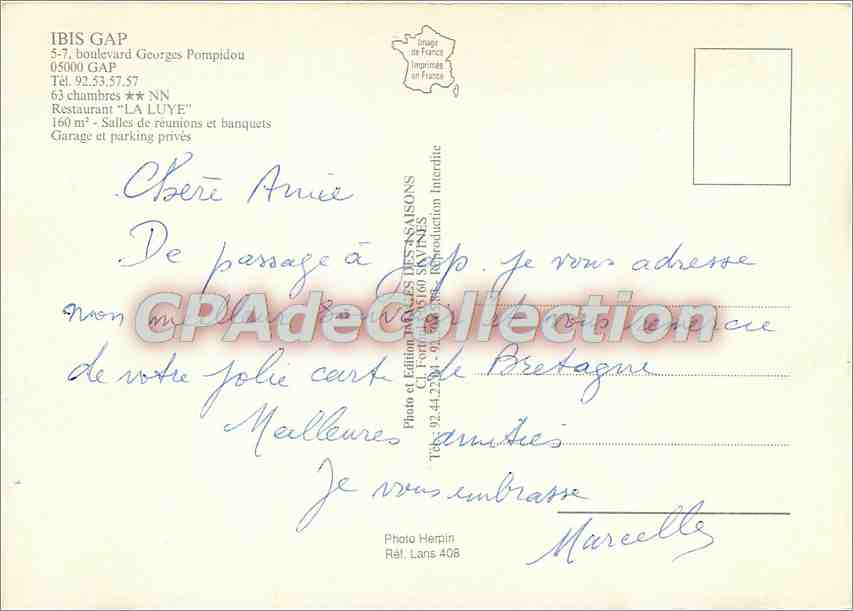 Hôtel ibis — Gap — Éditeur : Photo Herpin, Réf. Lans 408 — Verso