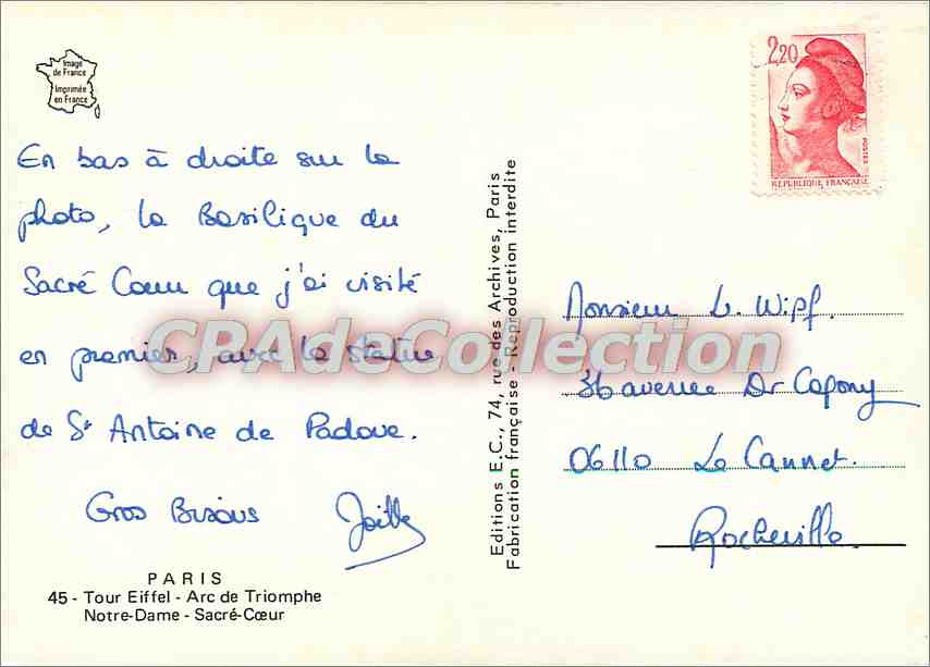 CPSM Paris Tour Eiffel Arc de Triomphe N D Sacre Coeur — Verso