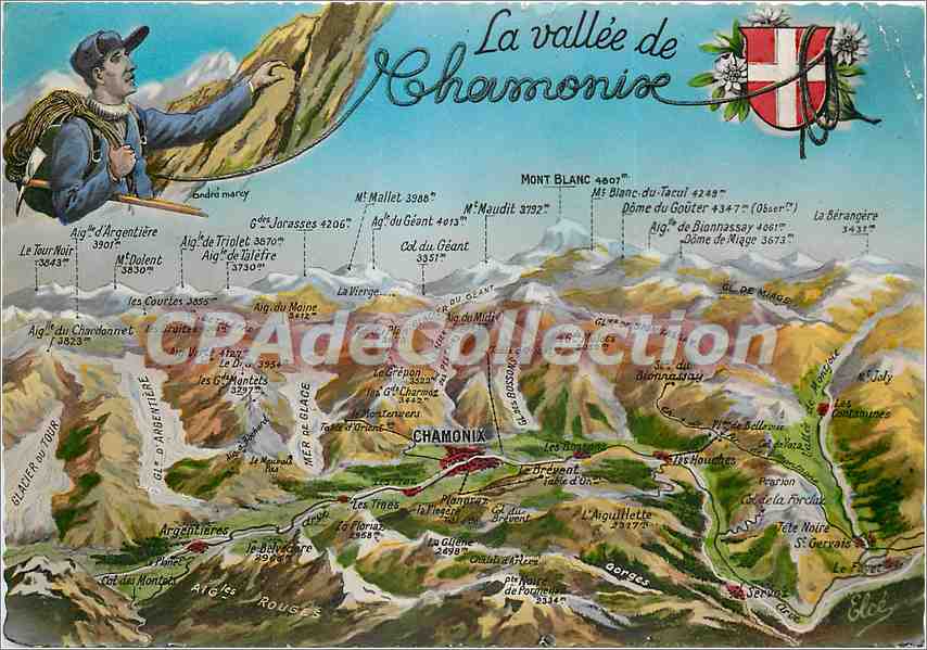 La vallée de Chamonix — carte postale illustrée avec carte topographique — Éditions André Marcy, n° 268