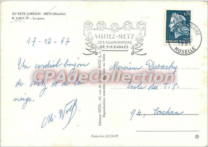 CPSM au Pays Lorrain Metz (Moselle) La gare — Rückseite