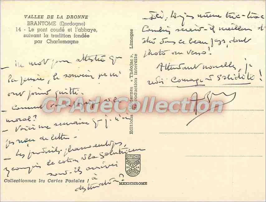 CPSM Vallee de la Dronne Brantome (Dordogne) Le pont Coude et l'abaye suivant la tradition fondee pa — Verso