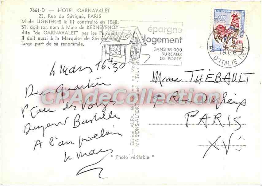 CPSM Hotel Carnavalet Rue de Sevigne Paris — Verso