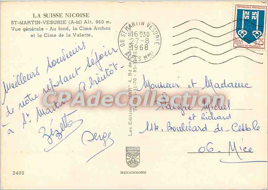 CPSM La Suisse Nicoise St Martin Vesubie (A M) alt 960 m vue generale au fond  la Cine Archas et la — Reverso