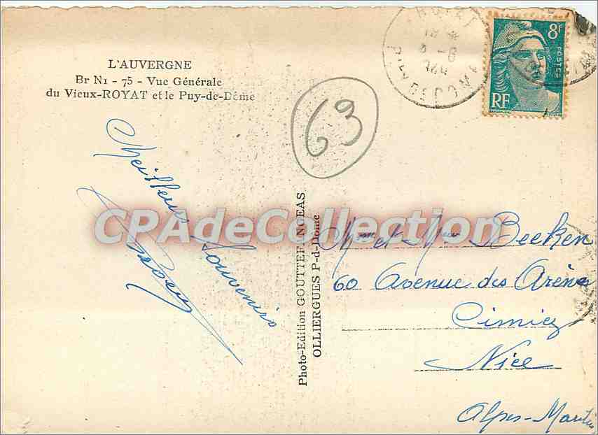 CPSM L'Auvergne Vue generale du vieux Roayt et le Puy de Dome — Rückseite