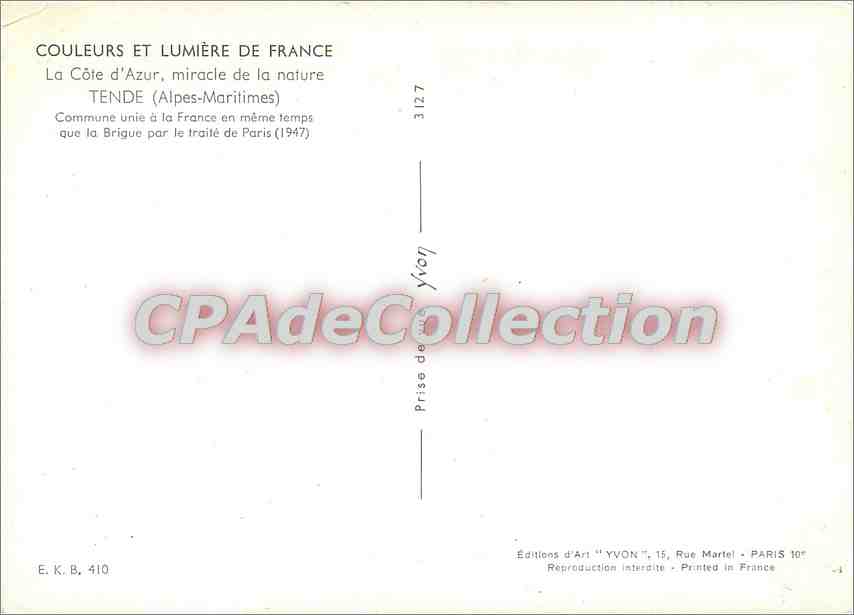 CPSM Tende (A Mmes) Commune unite a la franca en meme temps que la Brigues par le Traite de Paris(19 — Rückseite