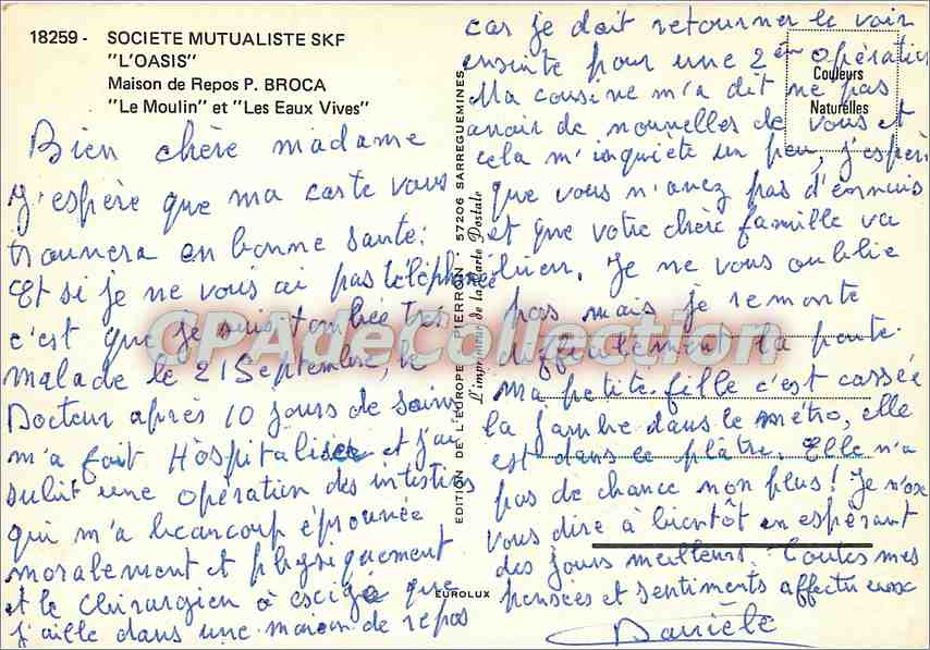 Maison de Repos P. Broca — 'L'Oasis' et 'Les Eaux Vives' — Société Mutualiste SKF — Verso