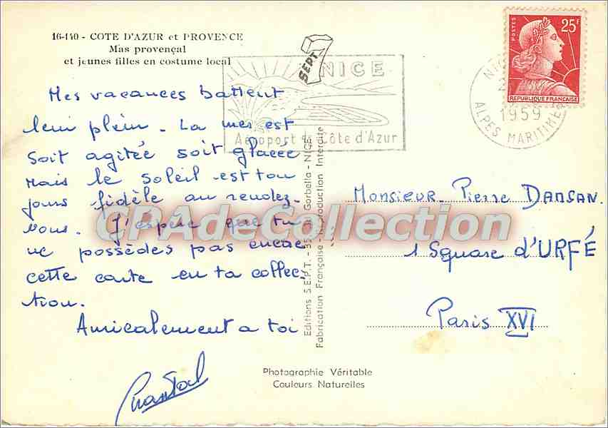CPSM Cote d'Azur et Provence Mas provencal et jeunes filles en costume local — Rückseite