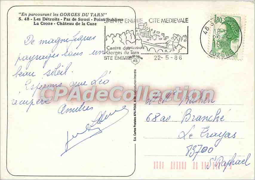 Gorges du Tarn — Panoramablick mit Wappen und Schloss — S.A. Cartes Postales APA-POUL — Rückseite