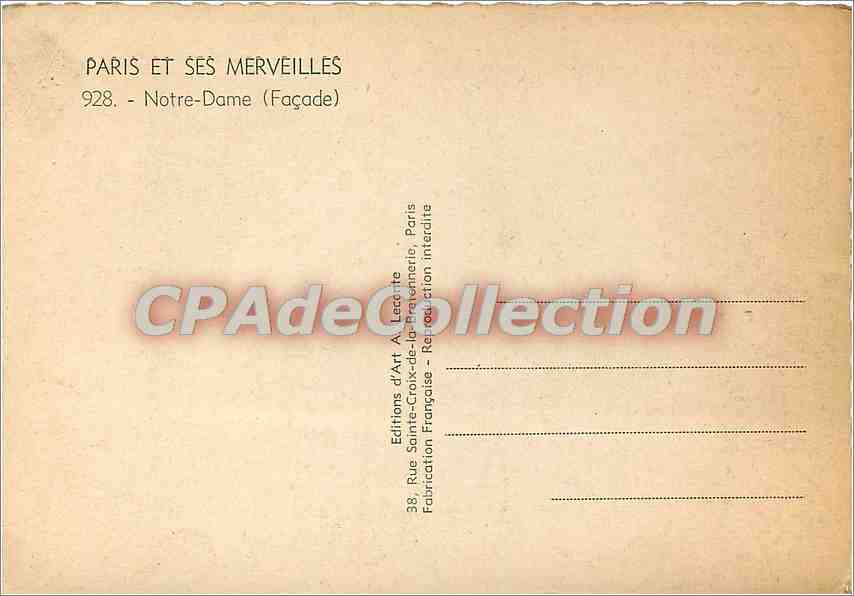 Notre-Dame de Paris — Façade — Éditions d'Art A. Lecarte, n° 928 — Reverso