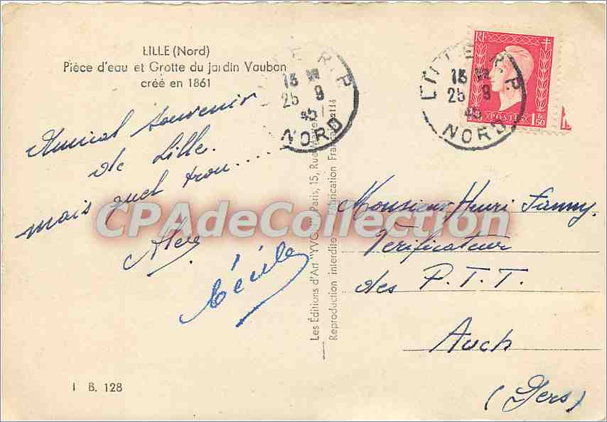 CPSM Lille (Nord) Piece d'eau et Grotte du jardin Vauban cree en 1861 — Verso