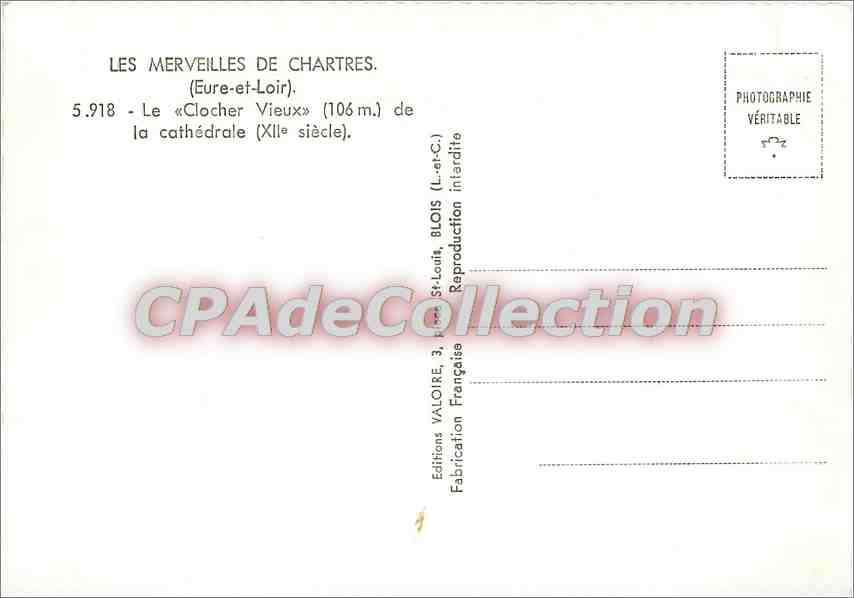 Clocher Vieux de la cathédrale — Chartres — Éditions Valoire, Blois — Verso