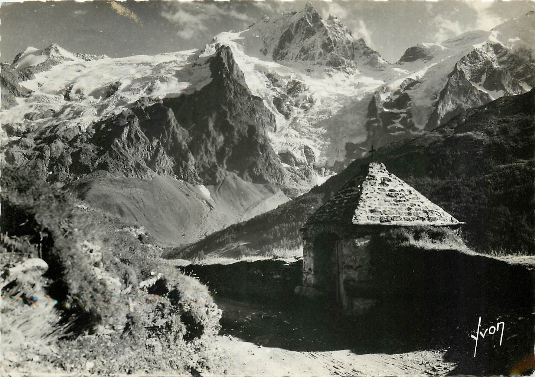 Le Chazelet (Htes-Alpes) — Massif de la Meije, le grand pic (3983 m.) et les glaciers de la Meije et du Tabuchet, oratoire de N.-D. des Portes — Yvon