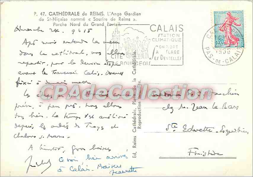 CPSM Cathedrale de Reims l'Ange Gardien de St Nicoise nomme Sourire de Reims Porche Nord du Grand Po — Verso